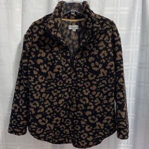 Koolaburra by Ugg Black & Brown Leopard Animal Print Fleece 1/4 Zip Teddy Jacket